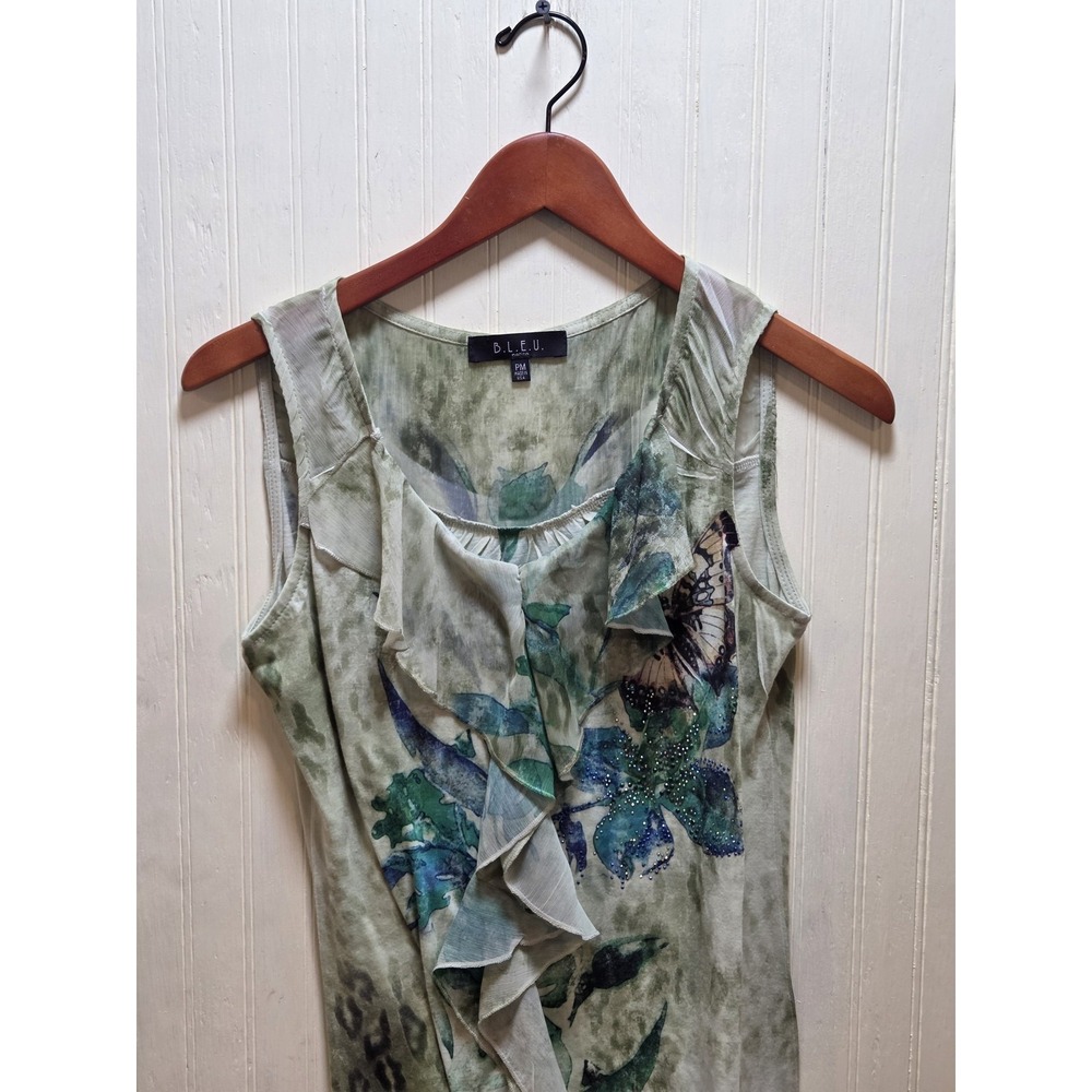 B.L.E.U. Tank Top Womens Petite Medium‎ Green Butterfly Ruffle Made In USA
